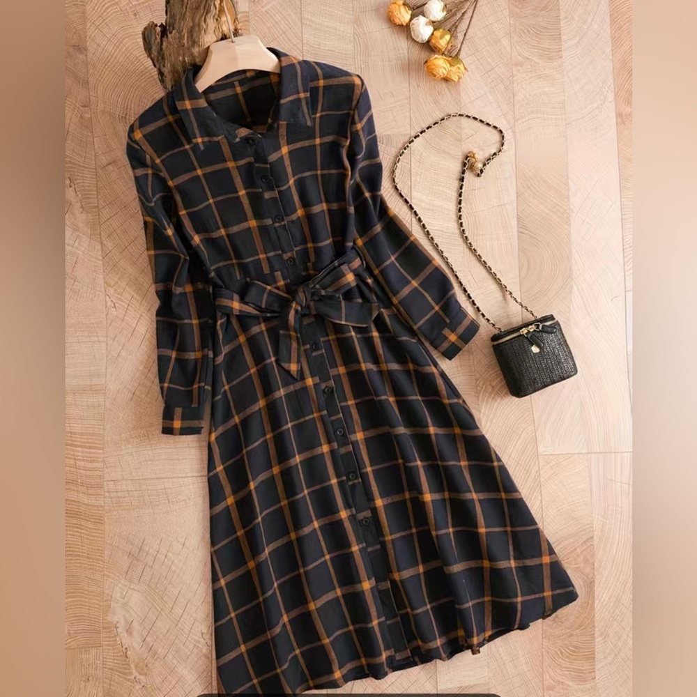 Kiel James Patrick Navy and Brown Plaid Dress